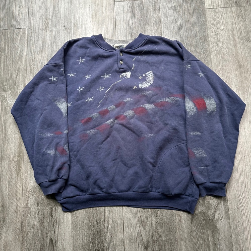 Vintage 90s AOP USA Navy Eagle Flag Henley Sweatshirt Men's Large